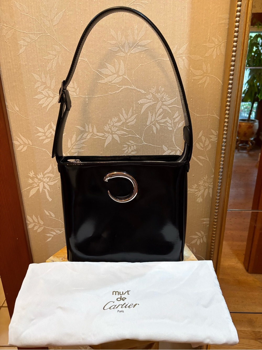 Cartier Inspired Faux Black Leather Panthere Shoulder Bag with Silver 'C' Accent